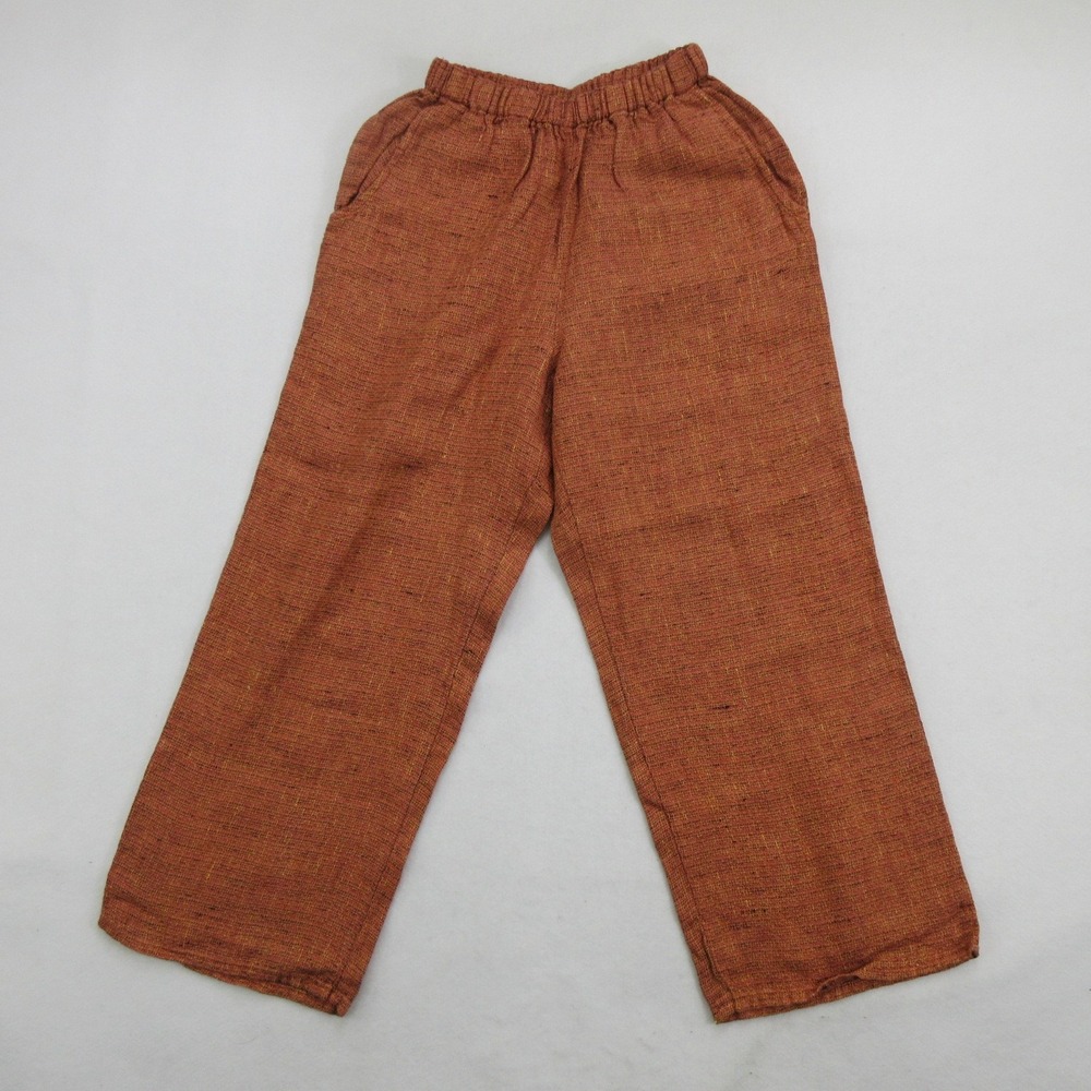 Flax Women Pants XS Rust 100% Linen Wide Leg Elastic Waist Cropped
